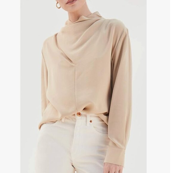 VINCE tan draped cowl neck long sleeve top - Picture 11 of 12